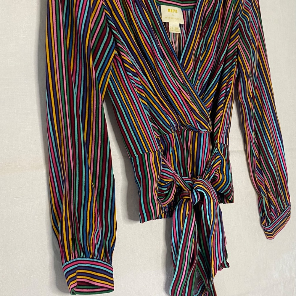 Maeve By Anthropology Multicolor V Neck Wrap Long Sleeve Top w/ Tie Size 4 Small - Picture 10 of 12